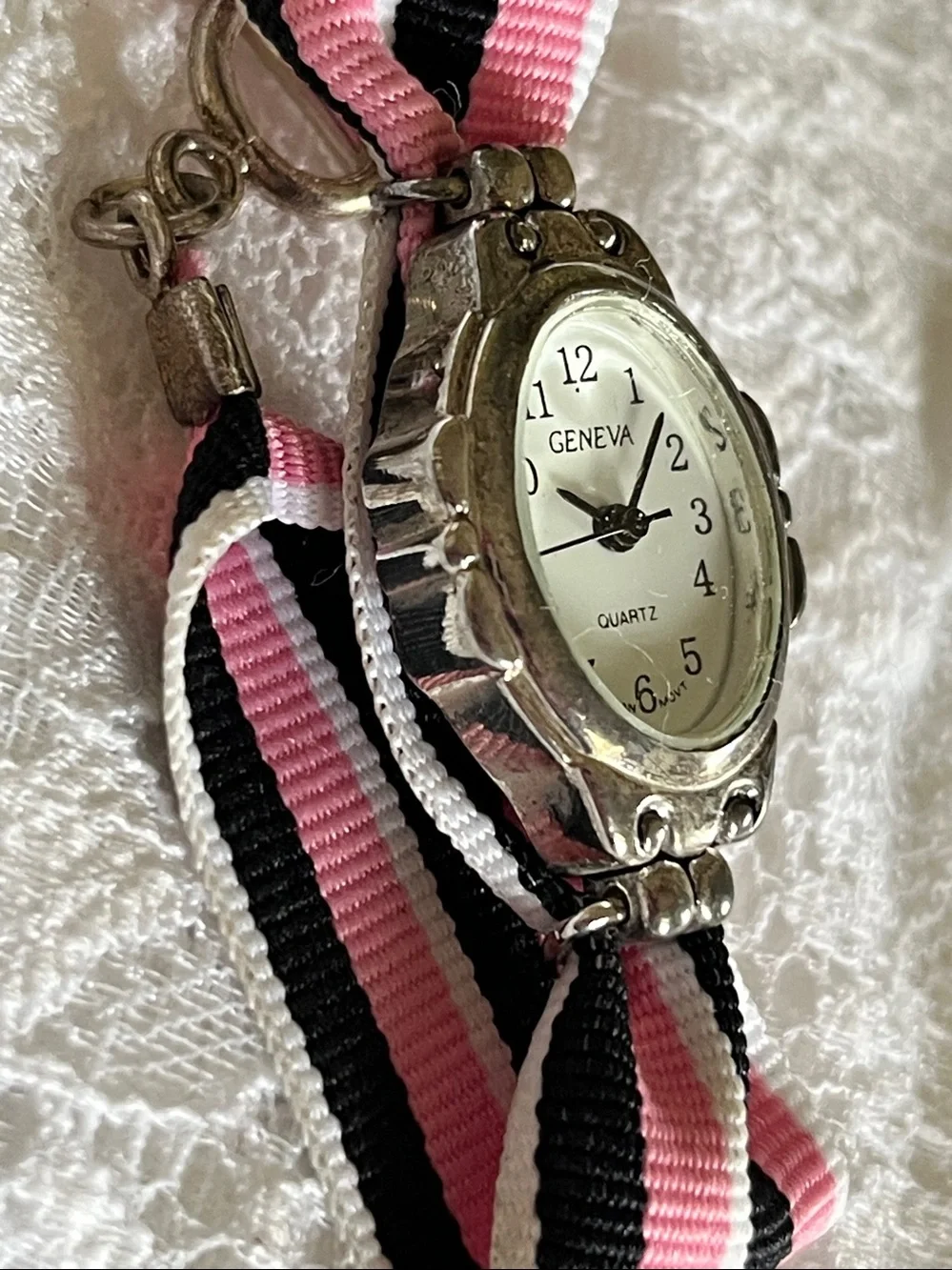 Geneva Pink Black White Ribbon Strap Quartz Watch